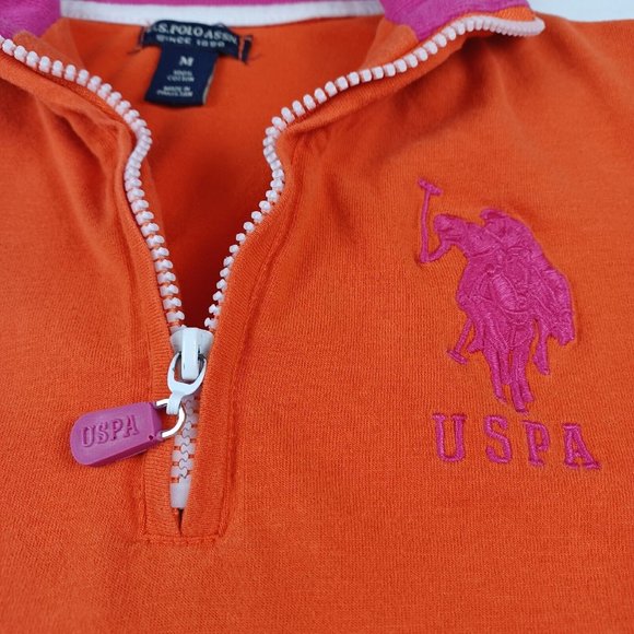 U.S. Polo Assn YOUTH Girls Size M 1/4 Zip Orange Pink Collared Big Pony Pullover - Picture 4 of 7